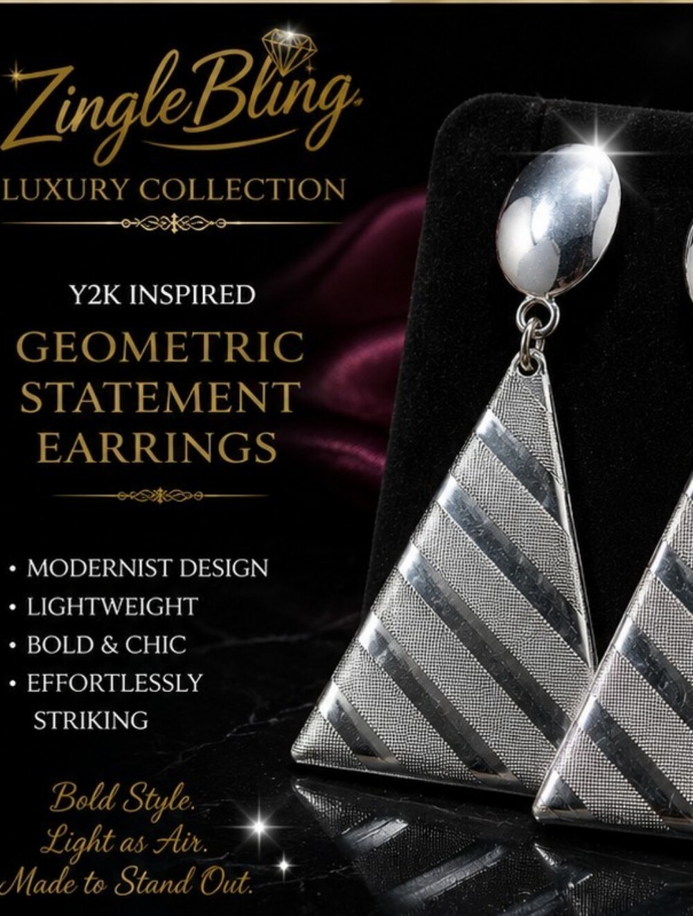 Y2K Silver Tone Geometric Triangle Statement Drop Earrings Lightweight NWT